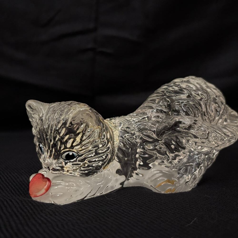 Vintage Heavy Glass Cat Figurine With Red Heart Accent Kitty Kitten Kitschy